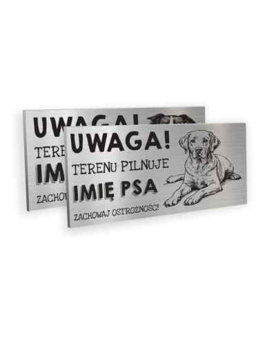 TABLICZKA UWAGA TERENU PILNUJE PIES Z IMIENIEM PSA DIBOND 20X10CM WZORY