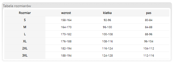 Tabela rozmiarów